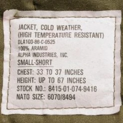 VINTAGE US ARMY COLD WEATHER JACKET HIGH TEMPERATURE RESISTANT 1986 SIZE SMALL SHORT DEADSTOCK NOS(Vintage Us Army Cold Weather Jacket High Temperature Resistant 1986 Size Small Short Deadstock) -Rare Gear USA Shop ARMYWJ0025TAG02