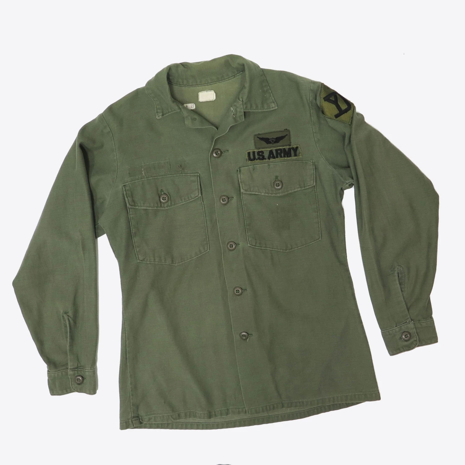 VINTAGE US ARMY UTILITY SHIRT P64 1976 26TH INFANTRY PATCHS SIZE 15 1/2 X 33(Us Army 1976 Vietnam Shirt Utility 26th Infantry Division Pilot Aviator Patched) 3 VINTAGE US ARMY UTILITY SHIRT P64 1976 26TH INFANTRY PATCHS SIZE 15 1/2 X 33(Us Army 1976 Vietnam Shirt Utility 26th Infantry Division Pilot Aviator Patched) - Image 3